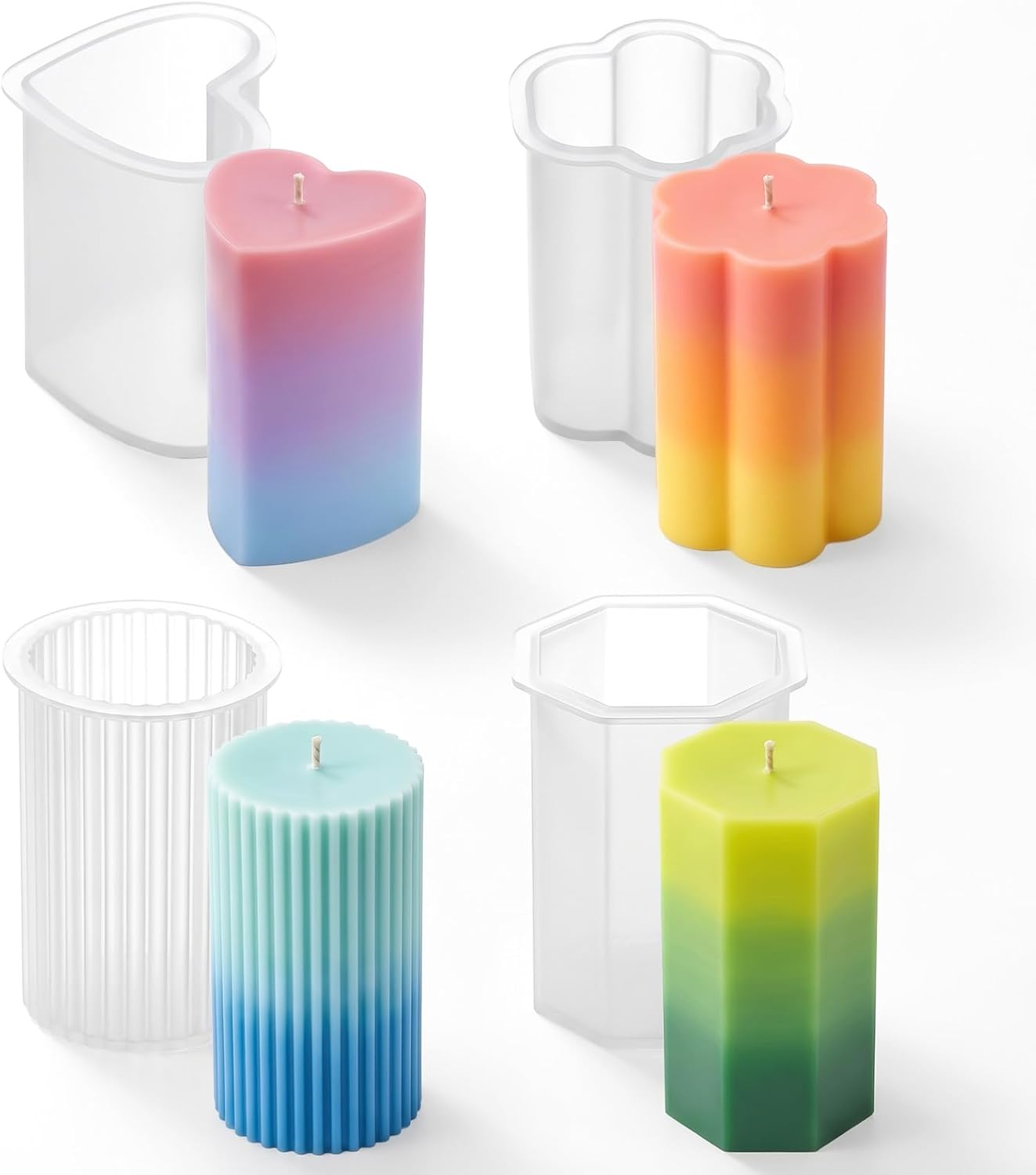 4 Pcs Candle Molds Set, Reusable Silicone Cylinder Hexagon Heart Flower Shapes Easy Release Mold