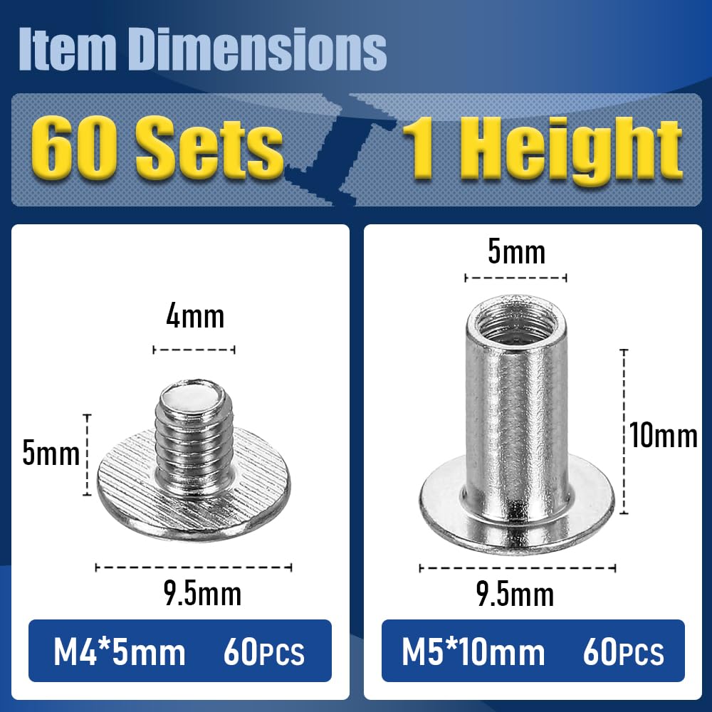 60 Sets Chicago Screws M5x10mm Post & M4x5mm Screw (3/8"), Carbon Steel Binding Bolts for Thick Leather Straps,(Silver)