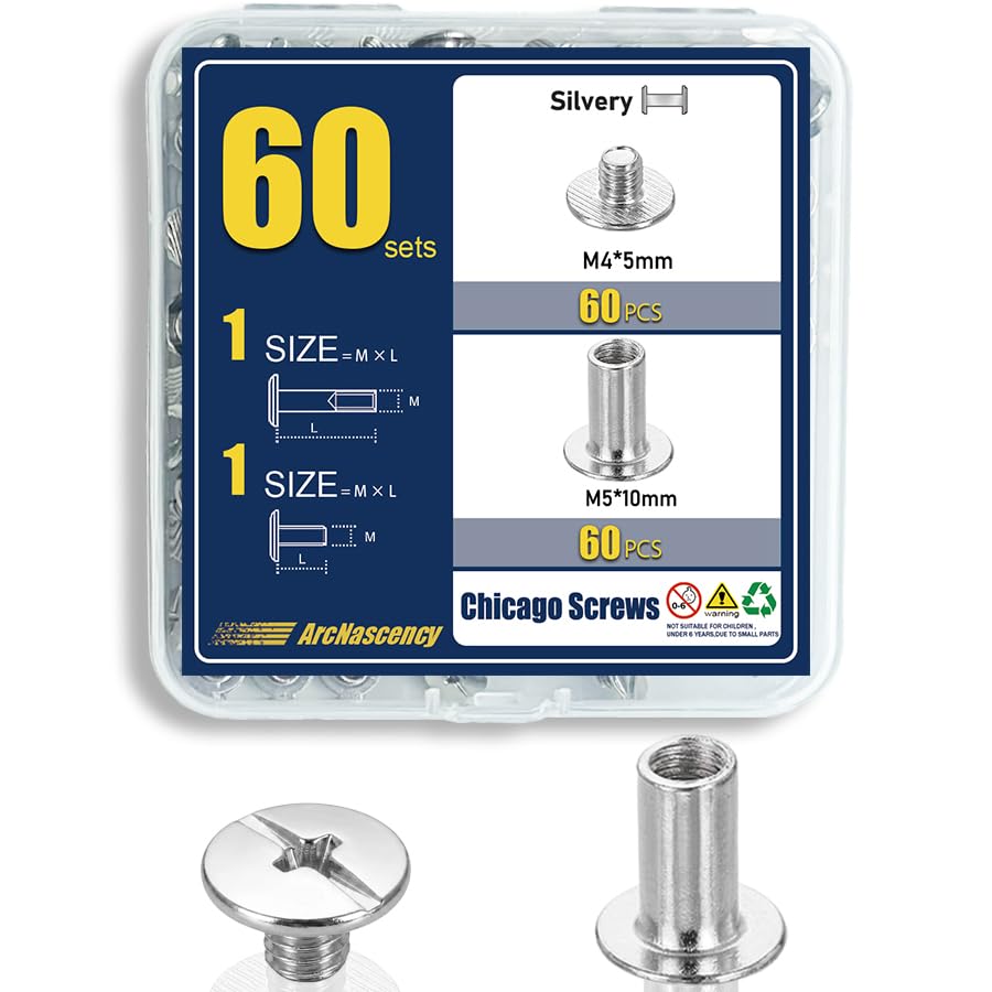 60 Sets Chicago Screws M5x10mm Post & M4x5mm Screw (3/8"), Carbon Steel Binding Bolts for Thick Leather Straps,(Silver)