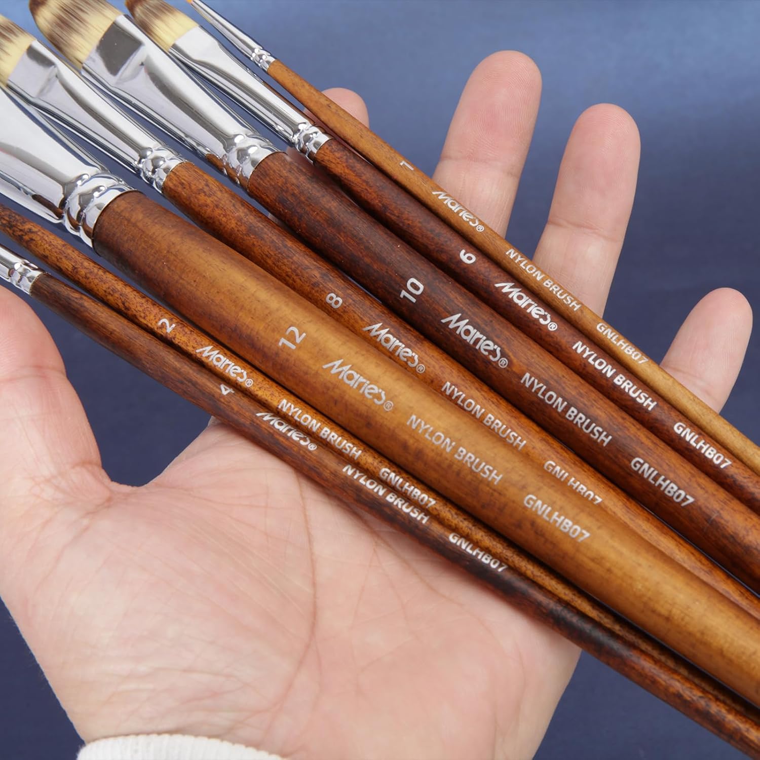 Marie's 7 Pcs Artist Paint Brush Set, Synthetic Nylon Brushes with Filbert and Liner Tips, Wood Handle Painting Brushes