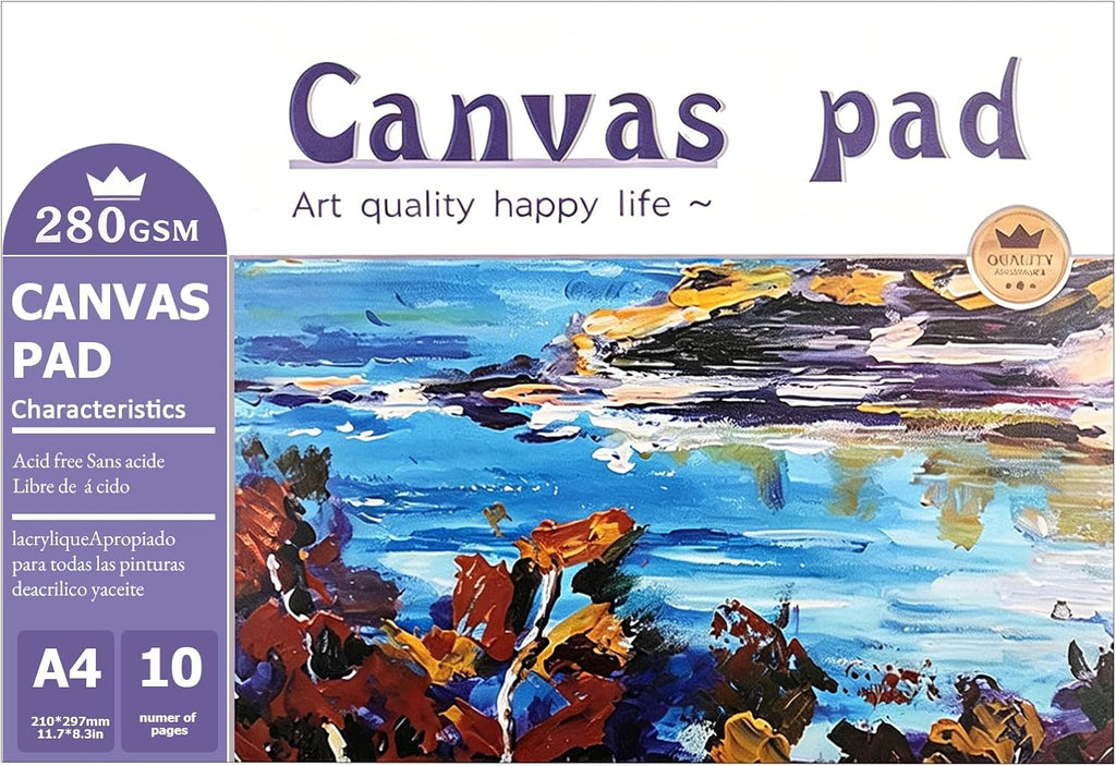 A4 Canvas Paper Pad for Acrylic Painting, 280GSM Heavyweight Canvas Notebook 10 Sheets, Acrylic Paper Painting Book for Oil Paint, Gouache and Mixed Media, Bound Canvas Pad