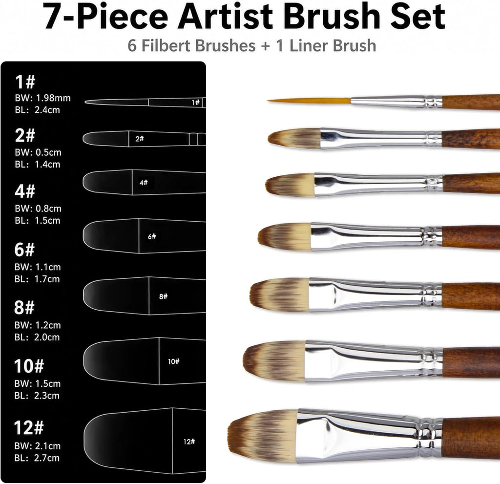 Marie's 7 Pcs Artist Paint Brush Set, Synthetic Nylon Brushes with Filbert and Liner Tips, Wood Handle Painting Brushes