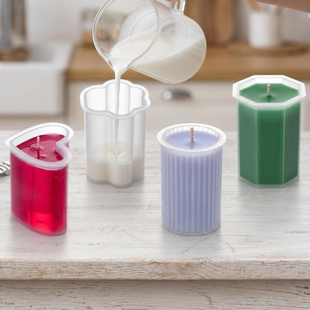 4 Pcs Candle Molds Set, Reusable Silicone Cylinder Hexagon Heart Flower Shapes Easy Release Mold
