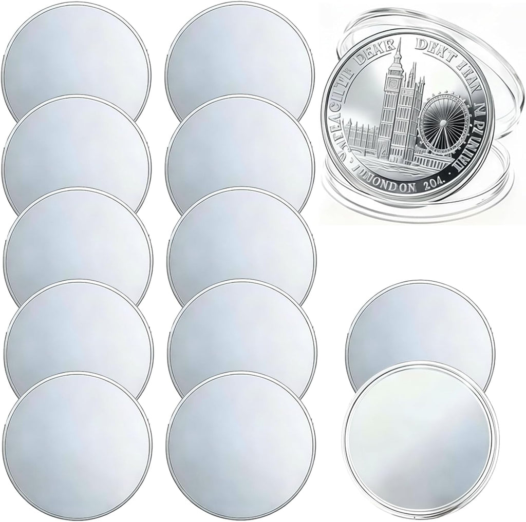 12PCS Alloy Blank Challenge Coins 40mm Laser Engravable Threaded Edge with Acrylic Protection Box for DIY Crafts and Commemorative Collection (Silver-Plated)