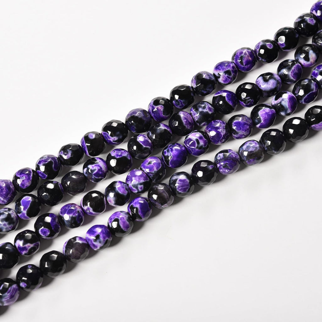 48PCS Round Fire Agate Gemstone Beads Faceted Purple Stone Bead 8mm 1 Strand 15"