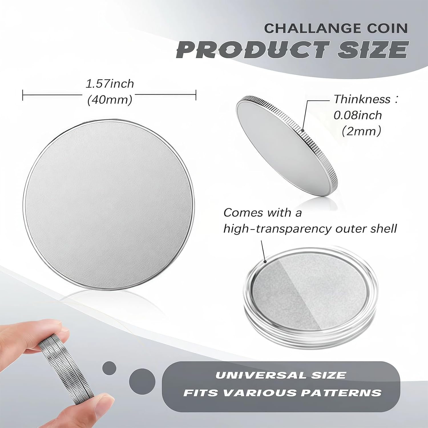 12PCS Alloy Blank Challenge Coins 40mm Laser Engravable Threaded Edge with Acrylic Protection Box for DIY Crafts and Commemorative Collection (Silver-Plated)
