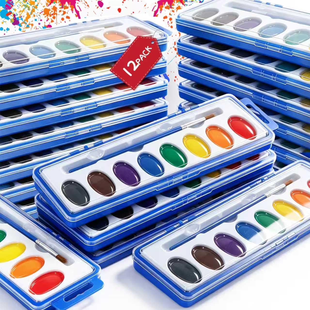 12 Pack Watercolor Paint Set Bulk – 8 Colors Washable Water Color Paints for Kids with Brushes