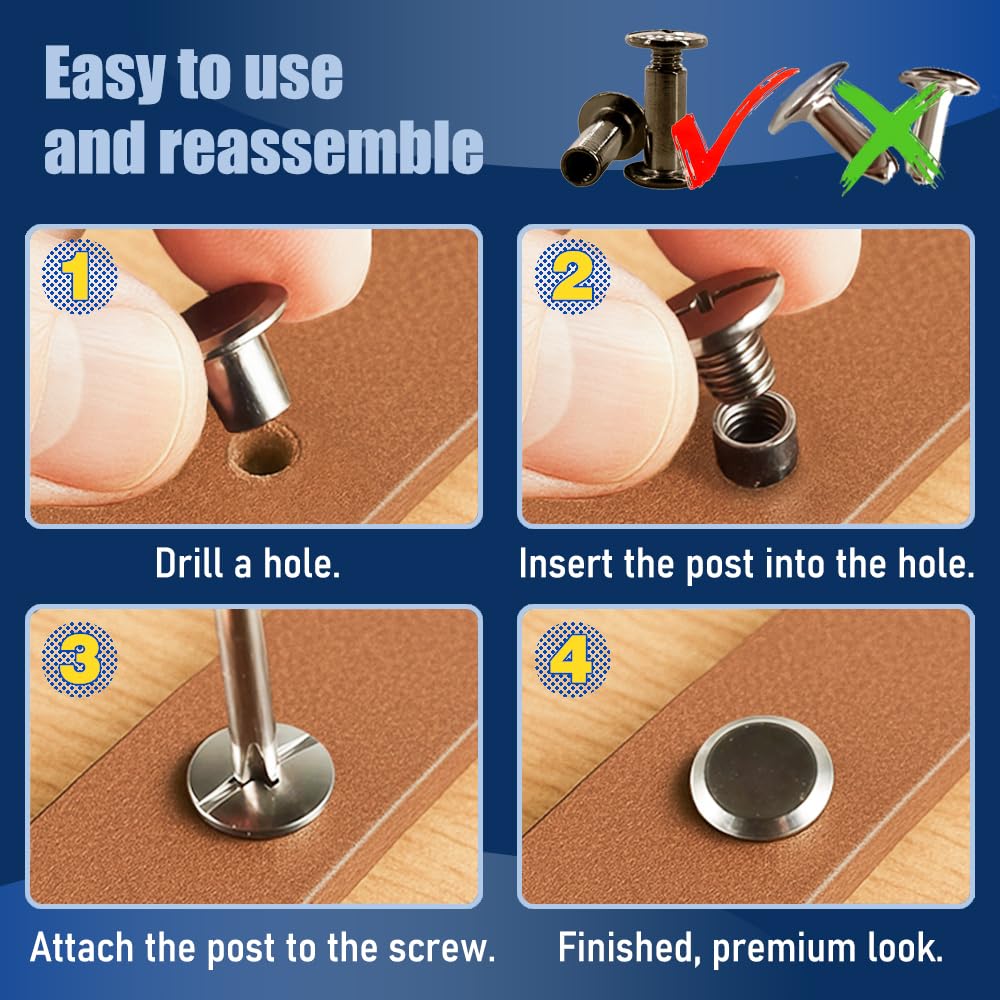 60 Sets Chicago Screws M5x10mm Post & M4x5mm Screw (3/8"), Carbon Steel Binding Bolts for Thick Leather Straps,(Silver)