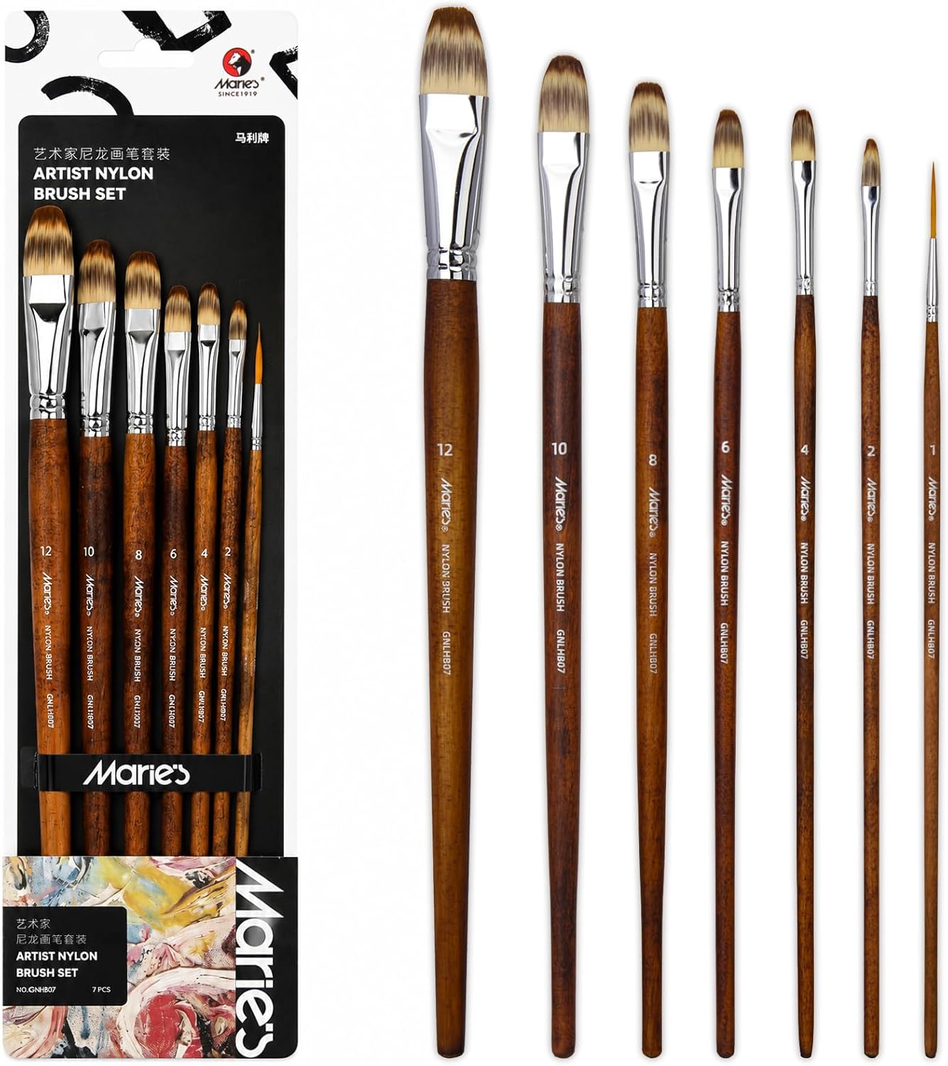 Marie's 7 Pcs Artist Paint Brush Set, Synthetic Nylon Brushes with Filbert and Liner Tips, Wood Handle Painting Brushes