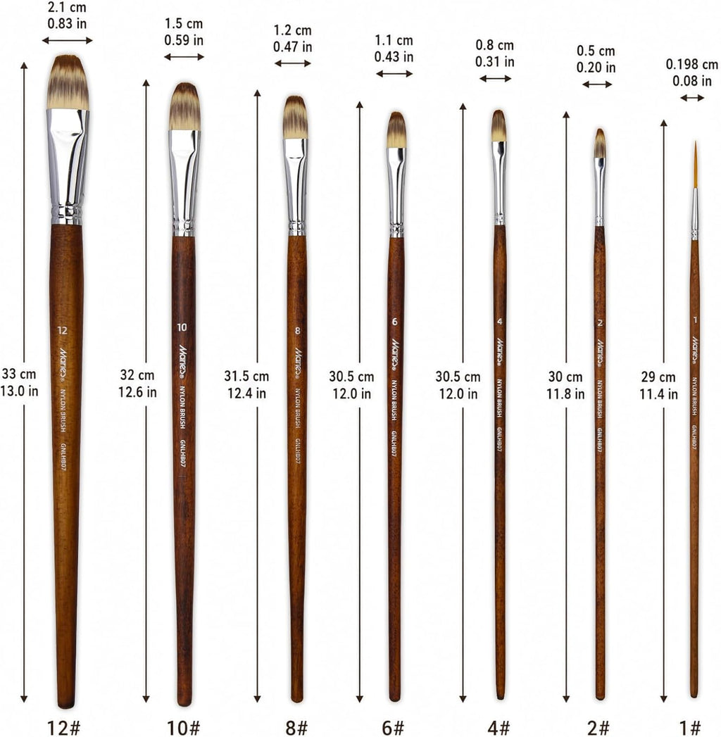 Marie's 7 Pcs Artist Paint Brush Set, Synthetic Nylon Brushes with Filbert and Liner Tips, Wood Handle Painting Brushes